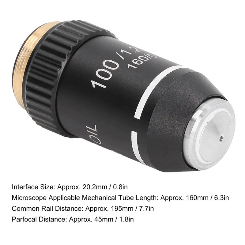 Biological Microscope Lens, 195 Achromatic Black Objective Lens 100X Oil High Power Objective Interface 20.2mm Thread