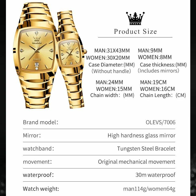 OLEVS High End coppia orologi nastro in acciaio al tungsteno orologio al quarzo di lusso impermeabile per uomo donna data Lovers orologi Set