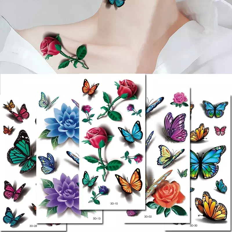Pegatina de tatuajes temporales para mujer, tatuaje de arte corporal 3D, mariposa, rosa, flor, pluma, tatuaje impermeable, regalo de Halloween