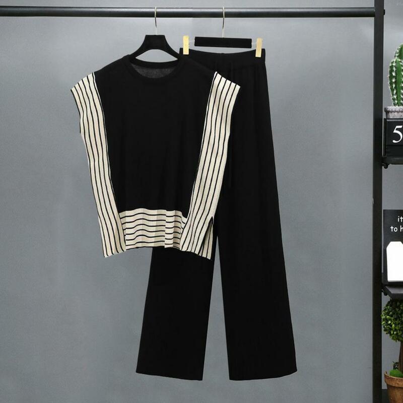Women Top Pants Set Women's Knitted Striped Two-piece Set with Round Neck Sleeveless Top High Waist Pants Casual Homewear Outfit
