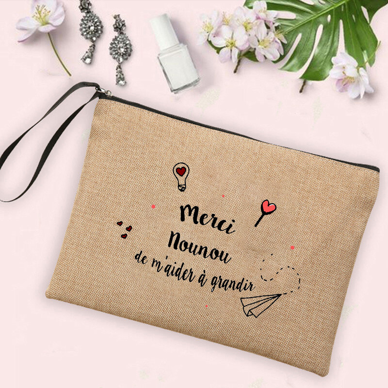 Merci Ma Nounou Adorée Print Cosmetic Bag Women Neceser Makeup Bags Linen Zipper Pouch Travel Toiletries Organizer Nounou Gifts