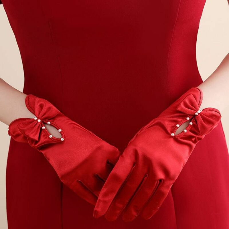 Sarung tangan Satin pita merah elegan sarung tangan pengantin pernikahan sarung tangan wanita warna polos sarung tangan wanita untuk upacara pernikahan wisuda