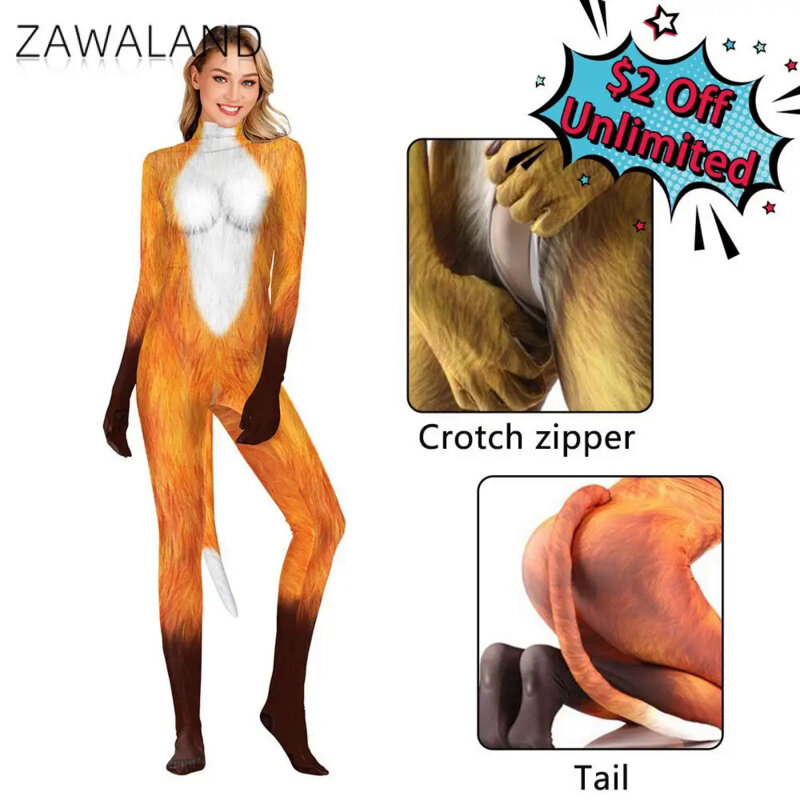 Zawaland-女性のためのハロウィーンのコスチューム、動物のキツネの3D印刷、タイツのペットスーツ、セクシーなスリムジャンプスーツ、ボディスーツ、豪華なドレス