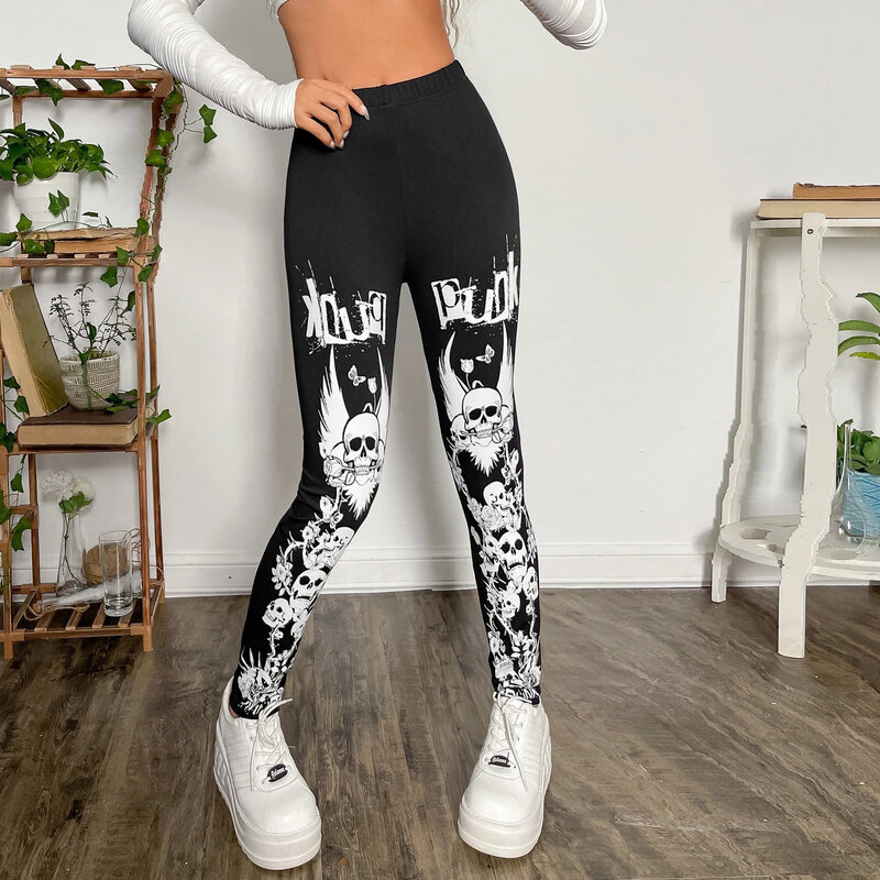Casualowe nadruk z czaszką legginsy dla kobiet Fitness Sport czarne spodnie z elastyczną talią gotyckie szczupłe legginsy gimnastyczne Mujer Plus Size