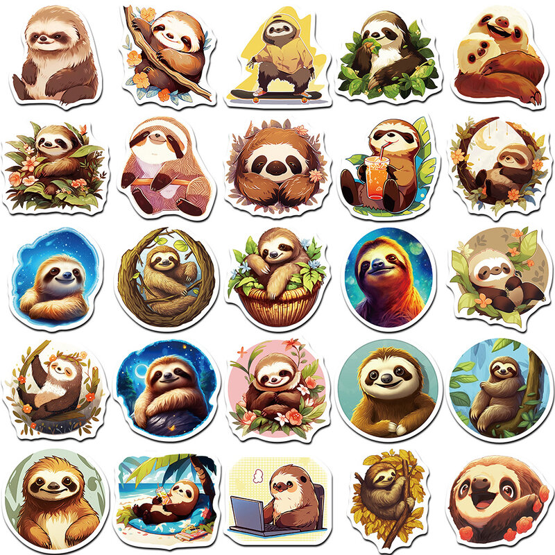 Cute Cartoon Animal Sloth Decoração Adesivos, DIY Frigorífico Capacete, Decalques Impermeáveis Kawaii, Brinquedos para Crianças, Presente de Aniversário, 10 Pcs, 30 Pcs, 50Pcs