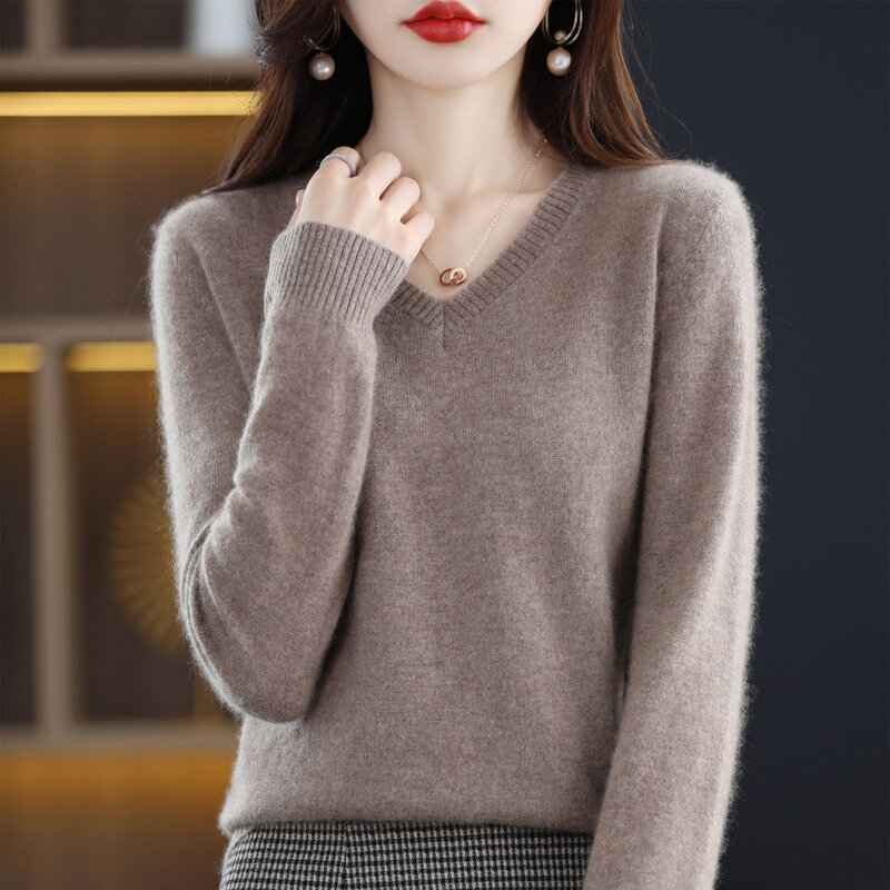 Suéter de lana pura para mujer, jersey con cuello en V, suave y cálido, de manga larga, holgado, ajustado, versátil, de punto a la moda, primavera y otoño