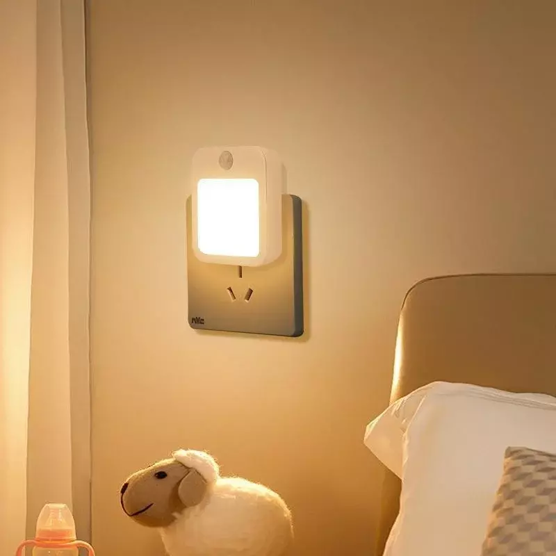 Luces LED de noche con Sensor de movimiento, Iluminación inalámbrica con enchufe europeo, regulable, para armario, mesita de noche, dormitorio, pasillo
