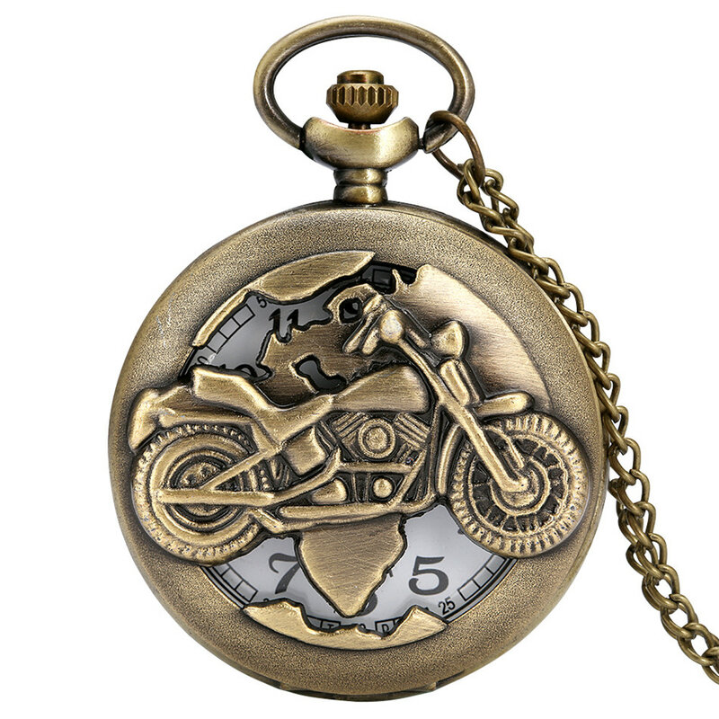 Recente chegou bronze vintage retro moto pocketwatch motocicleta colar pingente relógios de quartzo unisex relogio masculino presentes