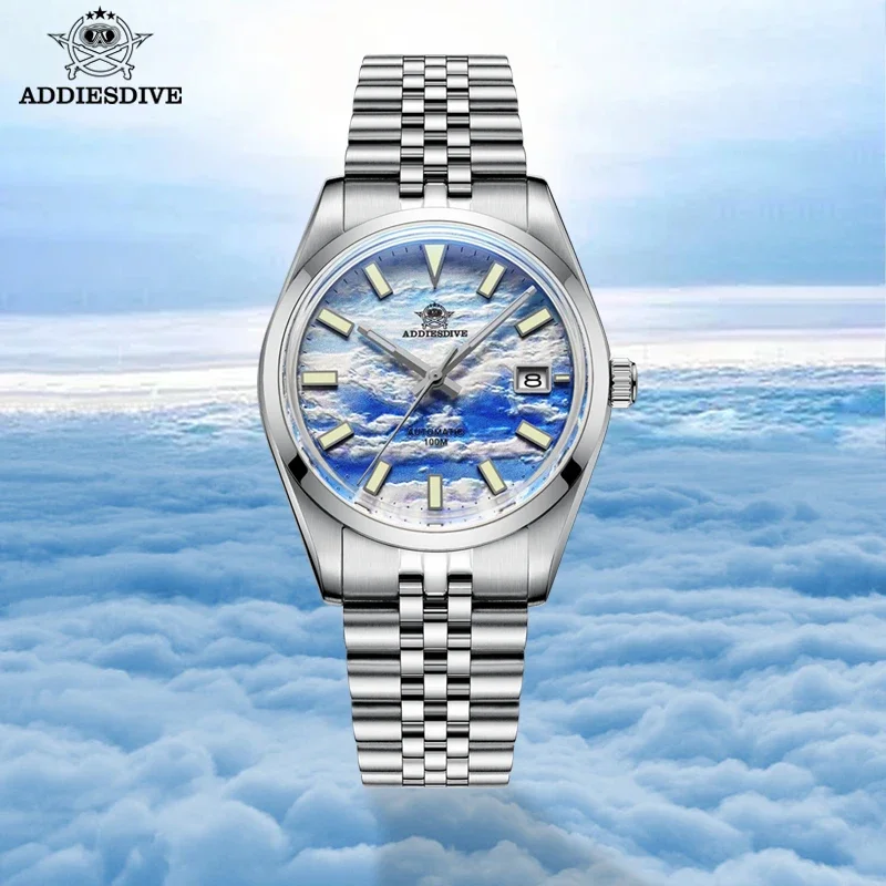 Addiesdive หน้าปัด AD2041 3D ทะเลระบบคลาวด์นาฬิกากลไกอัตโนมัติหรูหราสแตนเลสสตีล100เมตรนาฬิกาสะท้อนแสงดำน้ำ reloj hombre