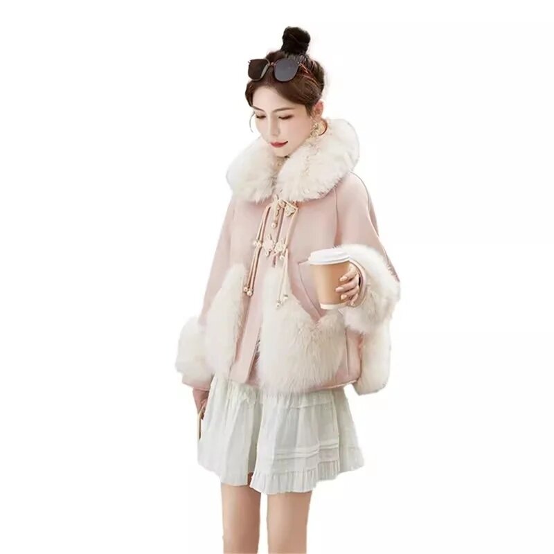 Jaket pendek gaya China wanita, mantel bulu rubah ringan longgar desain gesper musim dingin 2024