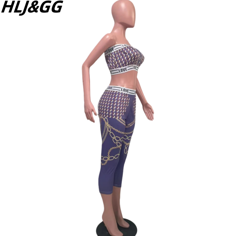 HLJ&GG Fashion Retro Patterns Print Two Piece Sets Women Off Shoulder Sleeveless Backless Tube + Skinny Pants Outfits Streetwear