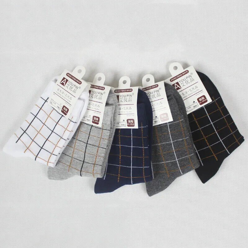 5 Pairs Men Spring Autumn New Men's Mid Tube High-quality Business Casual Checkered Warm Wear-resistant And Odor Resistant Socks