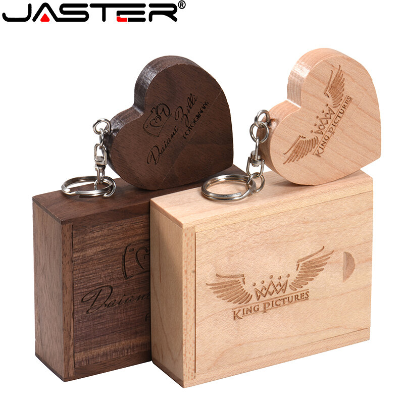 JASTER หัวใจไม้ USB แฟลชไดรฟ์128GB งานแต่งงานของขวัญ Memory Stick 64GB ฟรีโลโก้ที่กำหนดเองไดรฟ์ปากกา32GB กล่องโลหะ16G