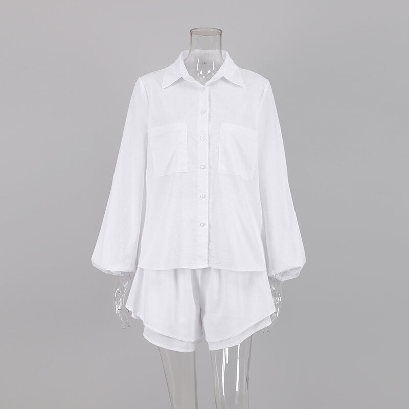 Женский элегантный комплект рубашки, шикарная льняная блузка оверсайз с длинным рукавом, мешковатые хлопковые шорты, штаны, однотонный пляжный топ, свободный наряд на лето
