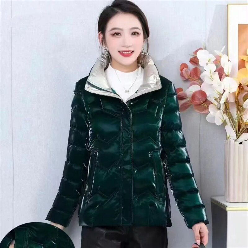 Western-Style Glossy Cotton Padded Jacket Female Short2023 Autumn Winter New Down Coat Women Parkas Stand Collar Fashion Outcoat