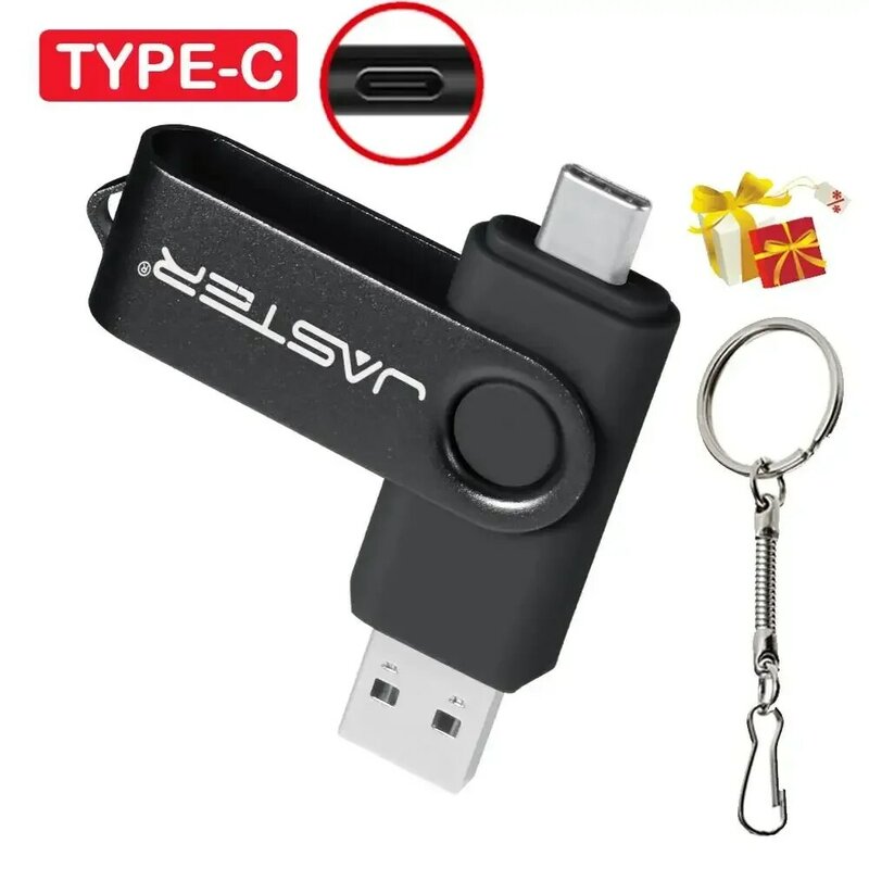 JASTER 2N1 TYPE-C USB 2.0 플래시 드라이브, 키 체인 포함, 고속 펜 드라이브, 블랙 메모리 스틱, 창의적인 비즈니스 선물, U 디스크, 64GB
