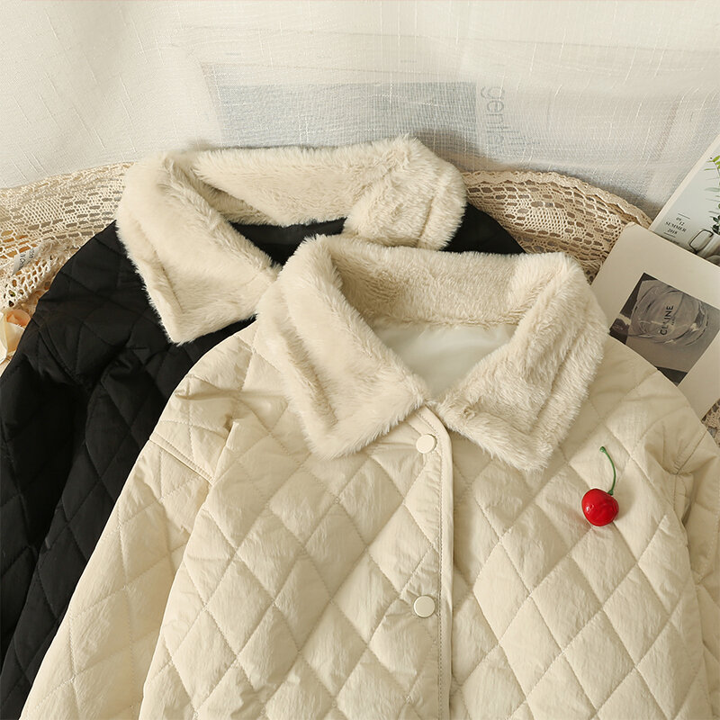 Temperamento das mulheres Casaco de algodão de gola virada para baixo, peito único, jaqueta larga, outwear feminino, simples, outono, inverno, novo