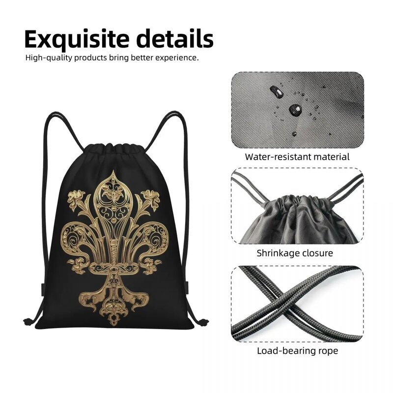 Złote filigranowe torby ze sznurkiem Fleur De Lis do treningu plecaki do jogi kobiety mężczyźni Fleur-De-Lys kwiat lilii siłownia woreczek