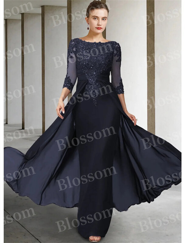 Appliques Long Sleeve Noble Mother Of The Bride Dress O-neck Straight Wedding Guest Dresses For Prom Floor-length Party Gown