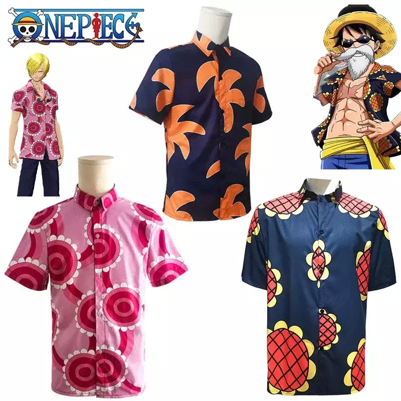 Fantasias de cosplay anime para homens, Luffy, personalizadas, manga curta, tops de praia, blusa havaiana extragrande, verão