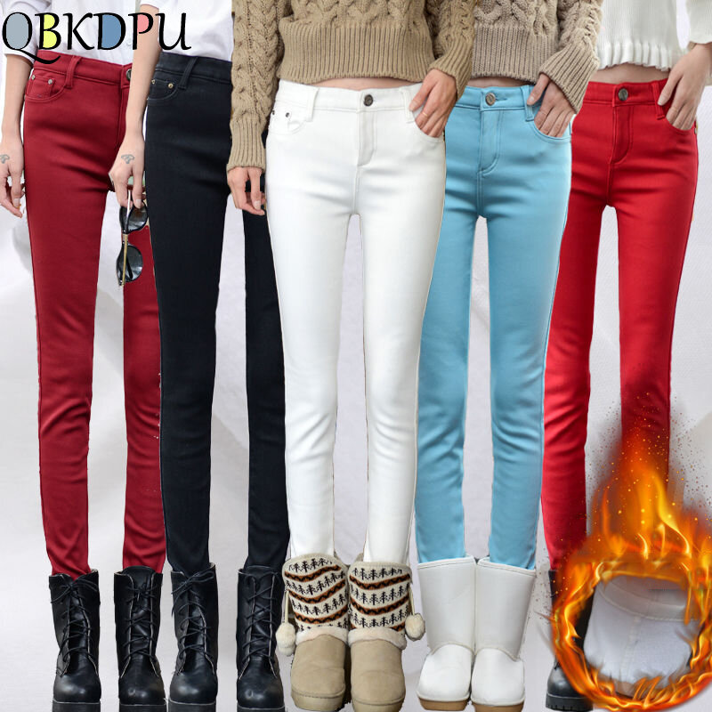 Zimowy zagęszczony jeansy ze streczem ołówkowe spodnie jeansowe kobiet Mid Wasit duży rozmiar 34 chudy Vaqueros ciepły plusz aksamit podszewka Kot Pantolon