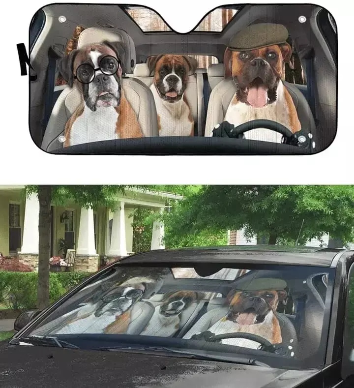 Boxer Dog Family Driving Through City Car Sunshade for Lover, Funny Boxer Family Driving Auto Sun Shade Windshield