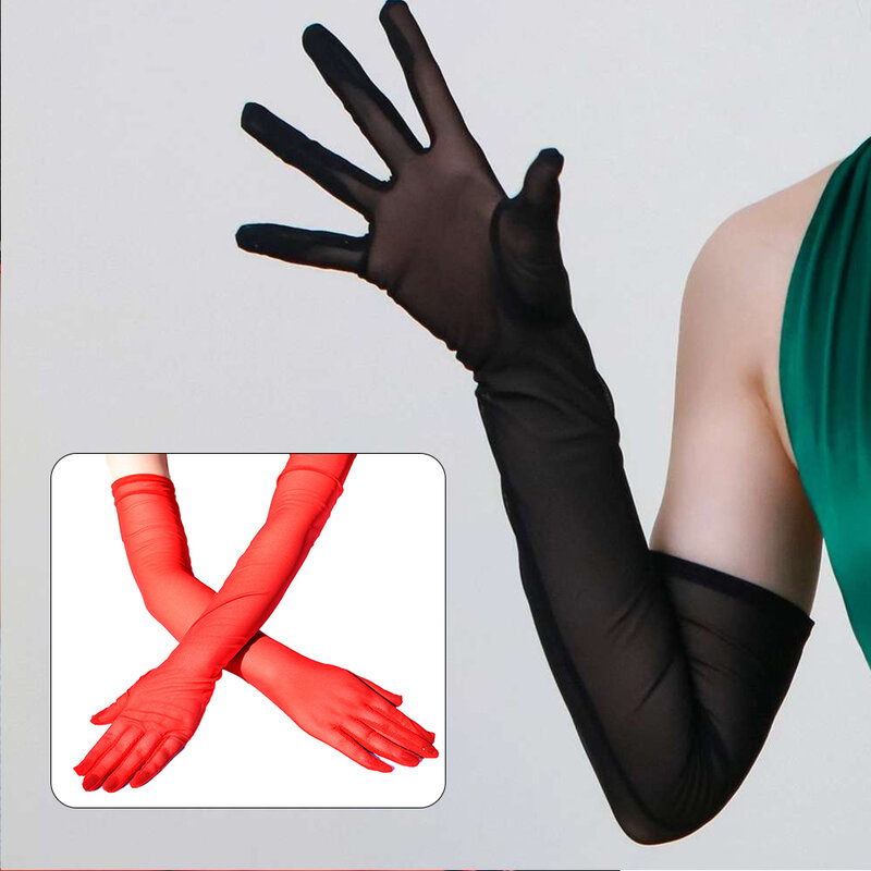 Guanti per la protezione solare eleganti in rete elasticizzata ultrasottile da donna neri vedere attraverso guanti lunghi Sexy da guida anti-uv femminili