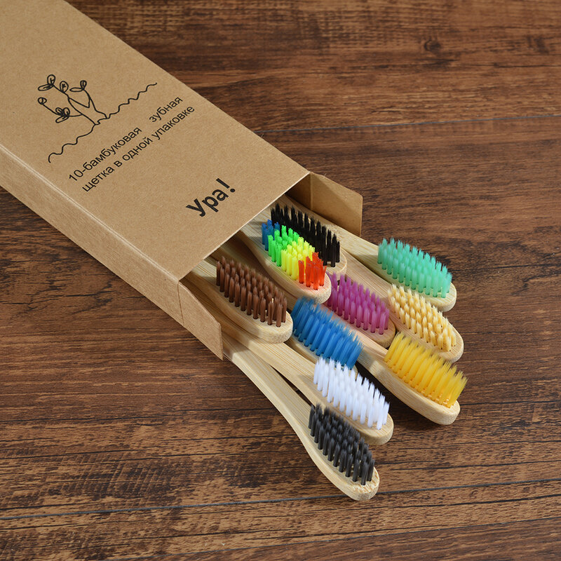 Natural Bambu Toothbrush Set, escova de dente colorida Cerdas macias, carvão vegetal, Eco Bambu Toothbrushes, Dental Oral Care, 10Pcs