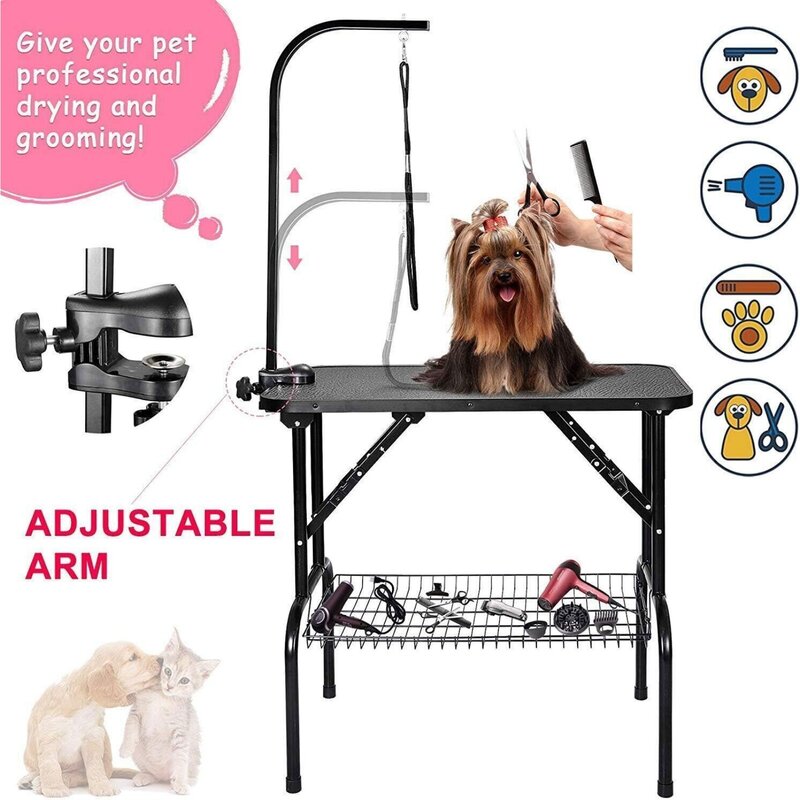 US 32 Inch Dog Grooming Table Adjustable Pet Cat Grooming Table with Arm Sleeve Mesh Tray-