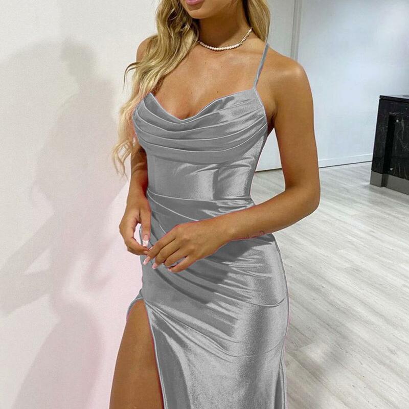 Gown Ball Elegant V Neck Satin Evening Gown with High Split Slim Fit Waist Prom Dress for Summer Parties Balls Women Gown