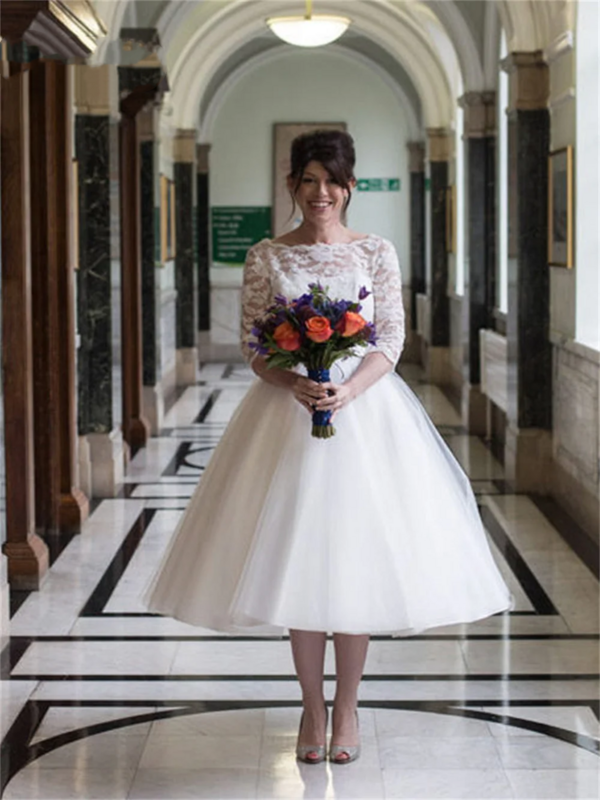 Flavinke romantyczna cenna sukienka do herbaty dla panny młodej elegancka koronka pół rękawa suknie ślubne pełne wdzięku Vestidos De Novia 2024