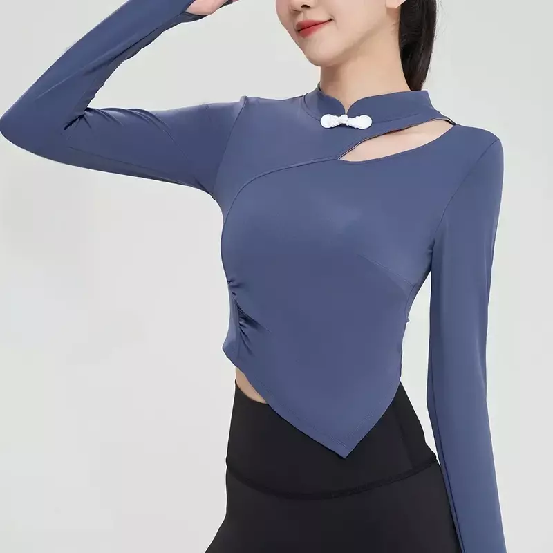 LO Running Fitness Top Chinese Style Standing Collar Cheongsam Long Sleeve Women's Collar Fixed Chest Pad Yoga Female Fitness