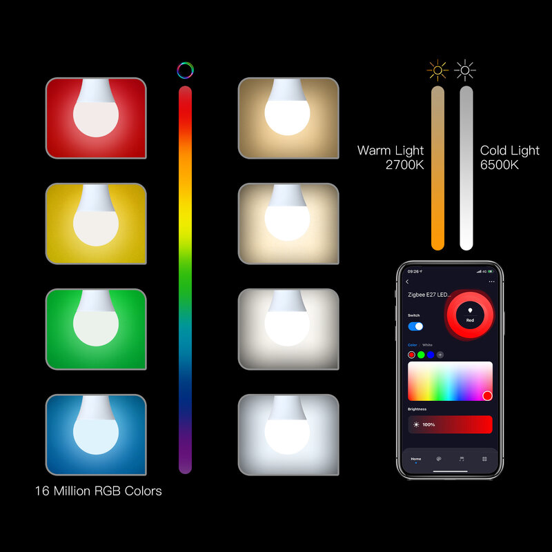 MOES 1-9 Buah 9W AC90-240V Tuya ZigBee Bohlam Lampu LED Pintar RGB E27 Remote Control Aplikasi Dapat Diredupkan Alexa Google Home Kontrol Suara