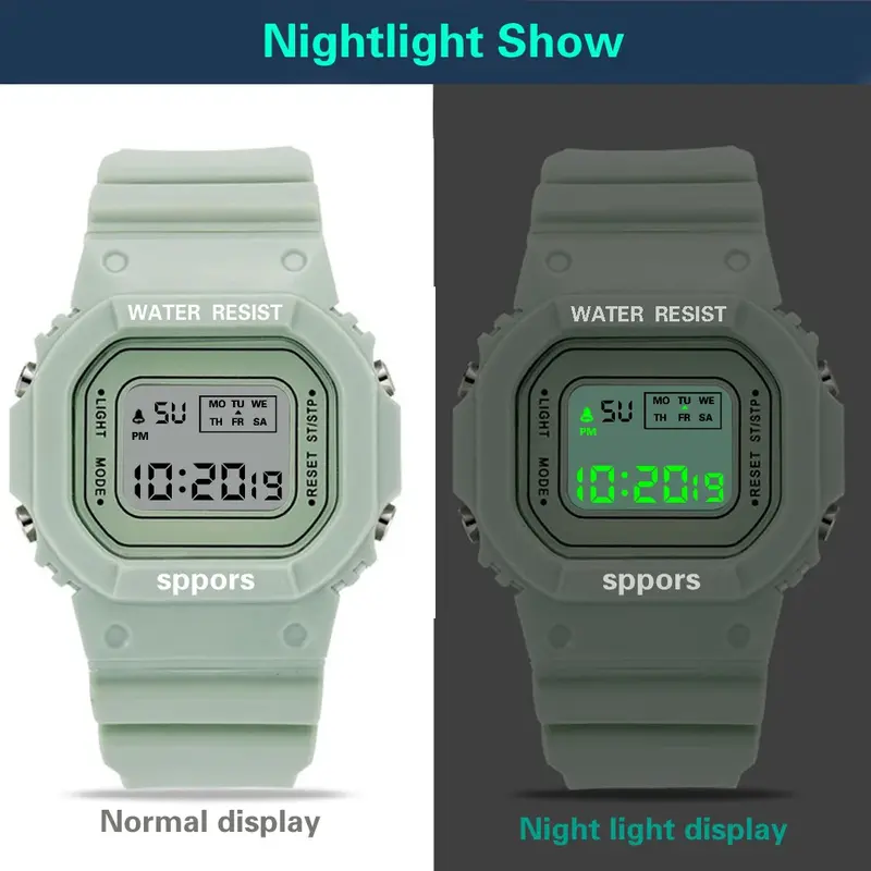 YIKAZE Boys and Girls Student Electronic Watch Macaron Color Men's and Women's Sport Alarm Clock Waterproof Square Watches Gift