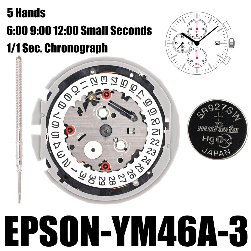 Механизм YM46, механизм Epson YM46-3, центральный хронограф YM46 серии YM YM46A 6:00 9:00 12:00, маленькие секунды, размер: 12 дюймов, дата в 3:00