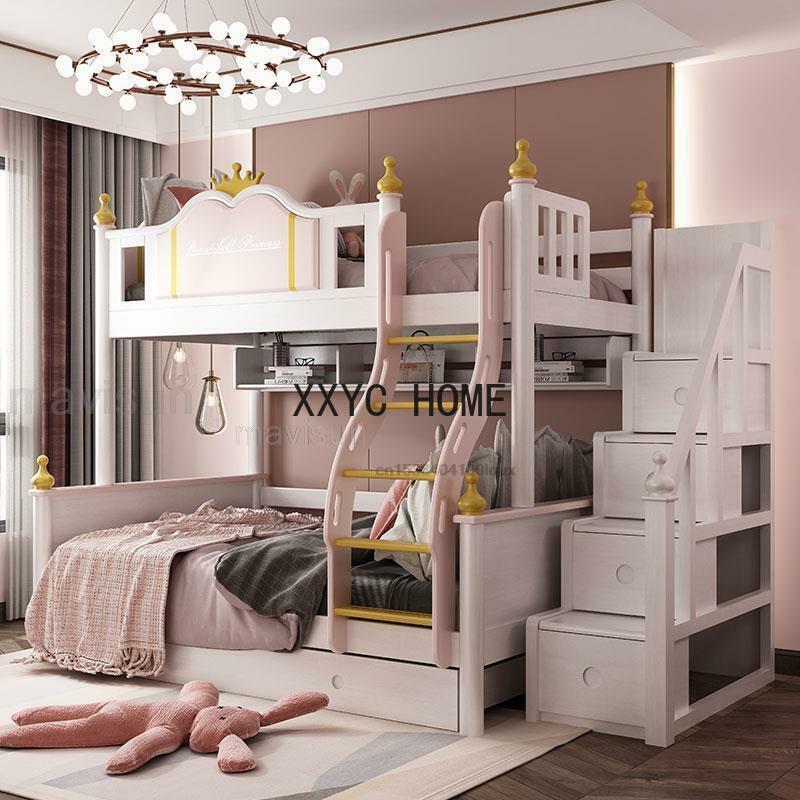 Cama de princesa de estilo europeo con tobogán y casillero, muebles de dormitorio modernos para niños, castillo de estilo lujoso, cama para niñas como para niños