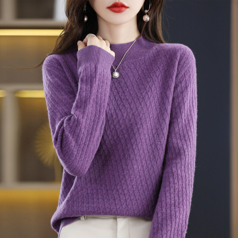 100% Sweter Kasmir Merino Sweter Kerawang Wanita Lengan Panjang Berleher Tinggi Pullover Hangat Di Musim Gugur dan Musim Dingin.