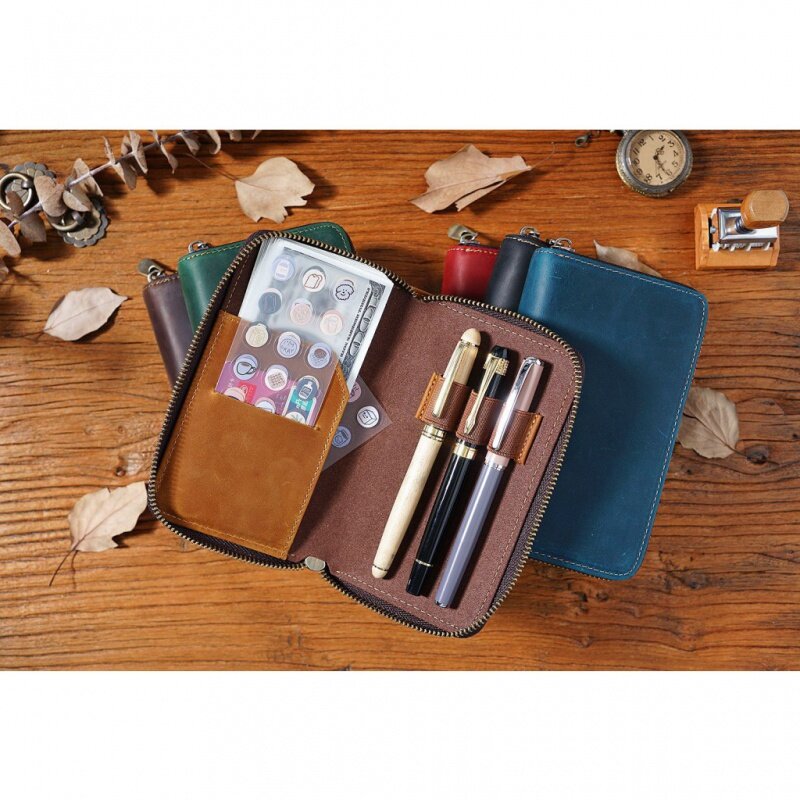 GENODERN-estuche de lápices de cuero de primera capa, bolsa de almacenamiento de bolígrafos con cremallera, caja de papelería de facturas de gran capacidad