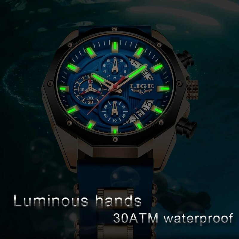 LIGE jam tangan kronograf pria, arloji olahraga silikon Quartz tanggal tahan air untuk lelaki