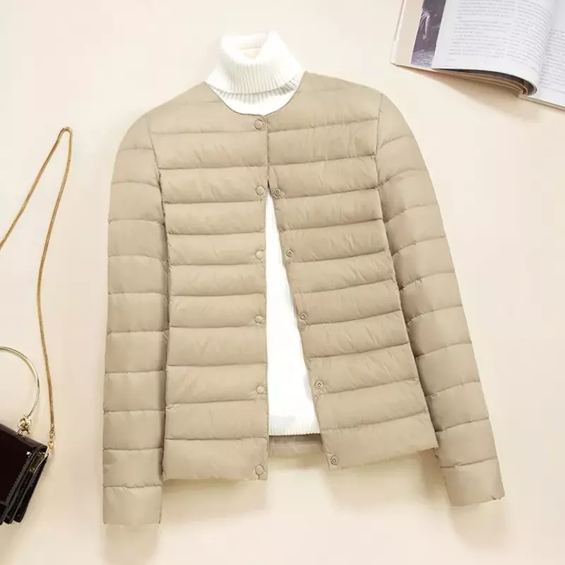 Jaket Down wanita 2023, jaket Puffer ringan hangat 90% warna polos musim gugur musim dingin, mantel bulu angsa leher-o leher V