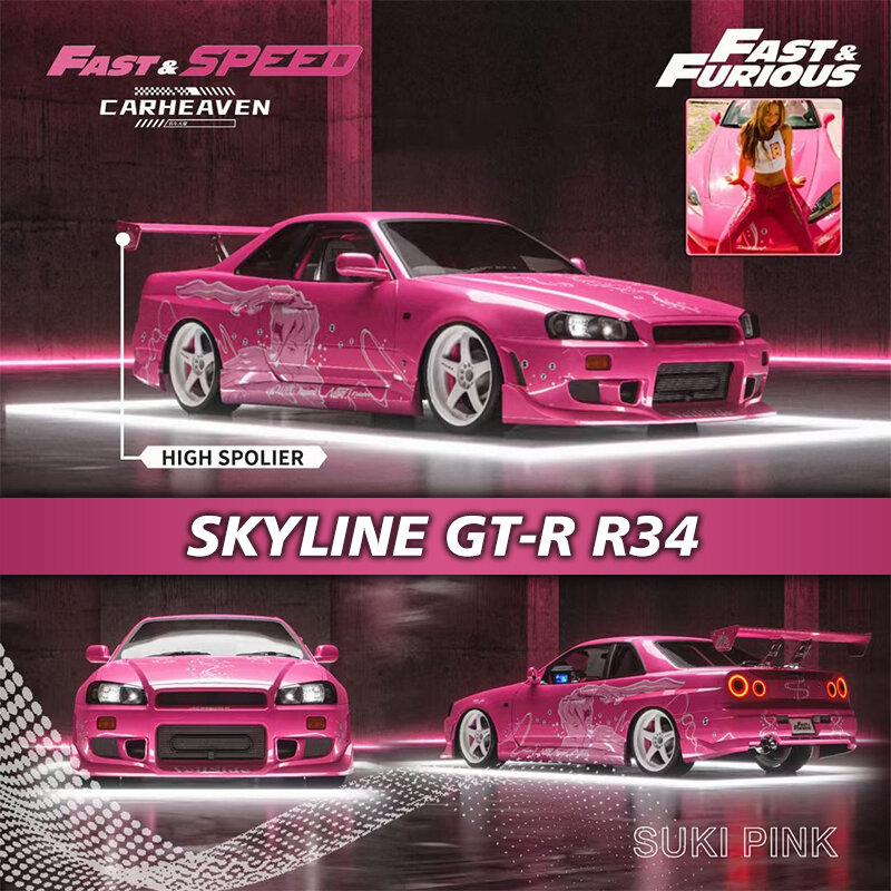 Preventa FS 1:64 Skyline GTR R34 High Wing SUKI Pink Diecast Diorama Car Model Collection Miniature Carro Fast Speed