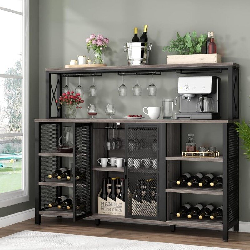 Kabinet Bar anggur, Kabinet Bar kopi industri 55 inci dengan rak anggur dan pemegang kaca, kabinet prasmanan papan samping dapur