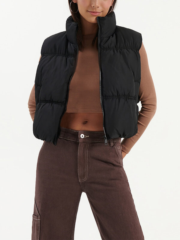 여성용 스탠드 칼라 민소매 크롭 조끼, 지퍼 플래킷, 드로스트링 밑단, 짧은 조끼, 가을 겨울