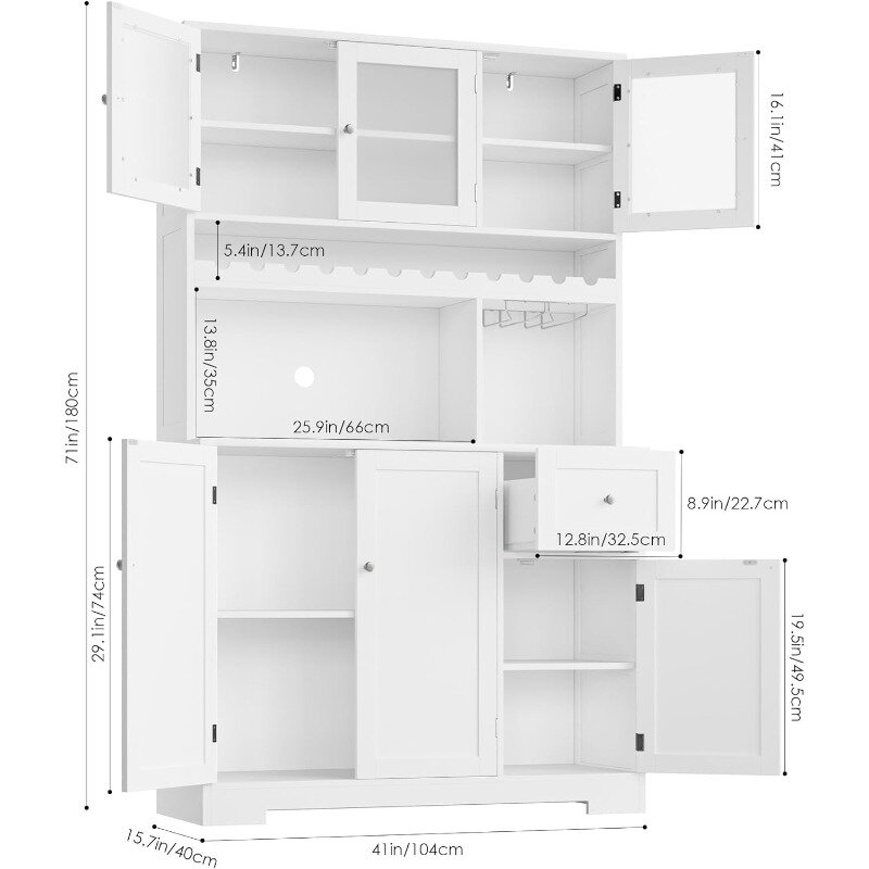 71" Kitchen Pantry Cabinet, Tall Kitchen Hutch with Microwave Stand, Pantry Storage Cabinet with Wine Rack, Glass Holder