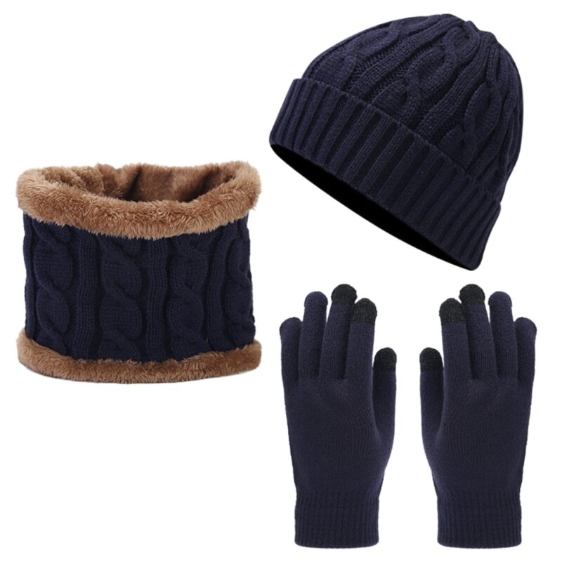 L5YA Winter Warm Hat Neck Gaiter Gloves Set for Woman Man Windproof Hat 3pcs Suit