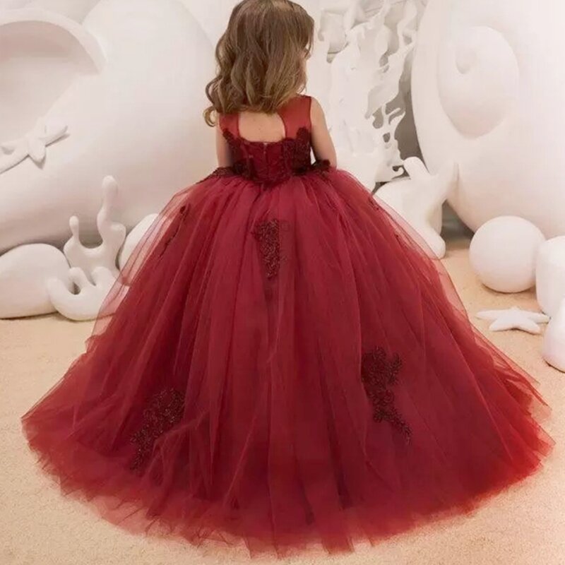 Burgundy Flower Girl Dresses Tulle Puffy Applique Sleeveless For Wedding Birthday Party Banquet Princess Gowns