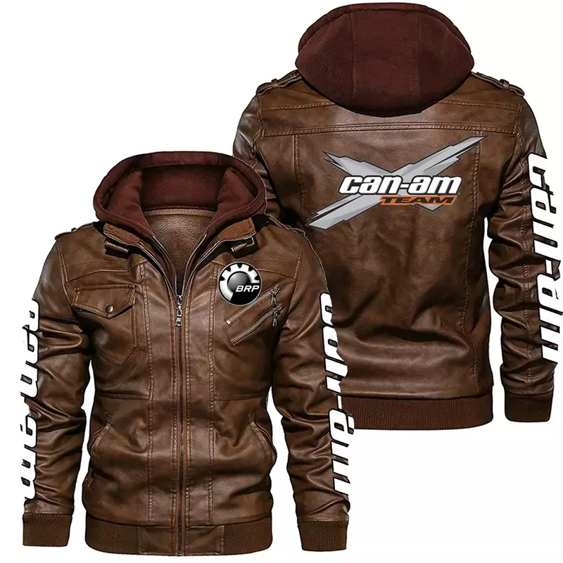 2023 baru jaket bertudung ritsleting lengan kulit Pu panjang Logo Brp Can-am Fashion Eropa pria musim dingin mantel tetap hangat