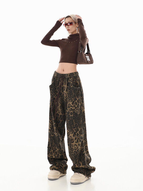 Pantalones vaqueros holgados con estampado de leopardo para mujer, pantalón informal de pierna ancha, ropa de calle Retro recta, Y2k, 2024