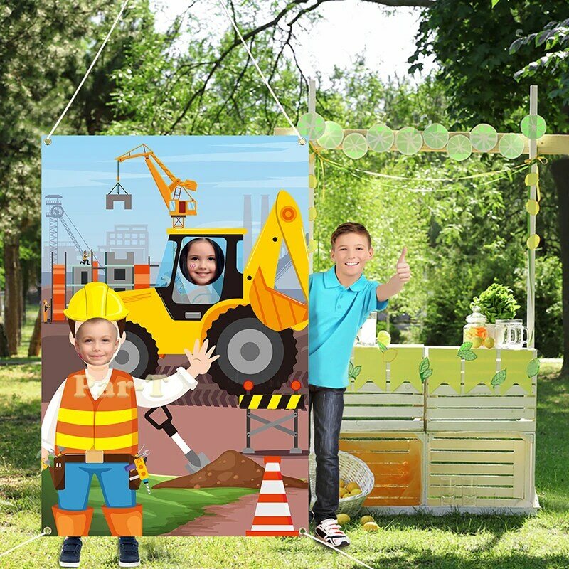 Ciężarówka budowlana zdjęcie drzwi Banner koparka Operator urodziny fotografia imprezowa zdjęcie tła rekwizyty udawaj zagraj dla dzieci