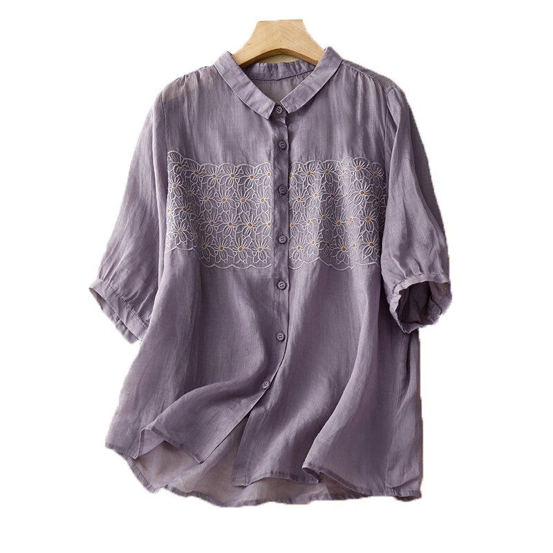 Camisa polo de linho de manga curta feminina, algodão vintage, bordado floral, blusa casual solta, tops finos, verão, novo, X1085, 2024